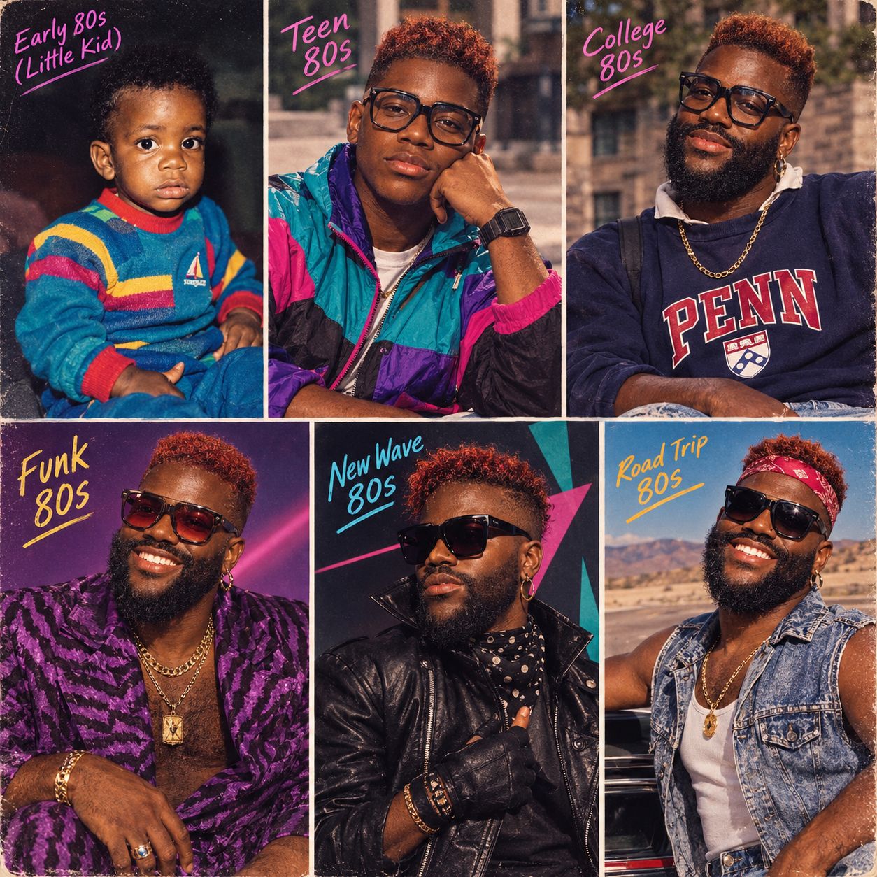 Six made portraits of Victor in eighties styling
